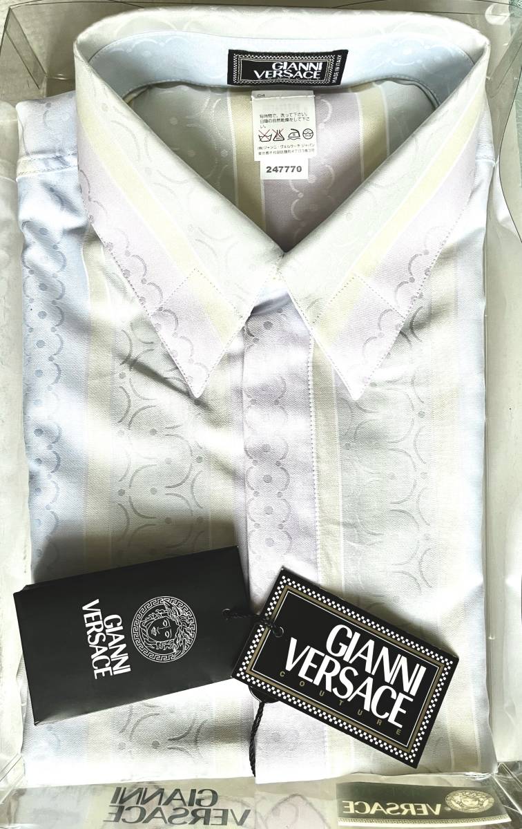 ■ GIANNI VERSACE ジャンニ・ヴェルサーチ クチュール 黒タグ 光沢透かし総織柄 最高級ドレスシャツ 新品