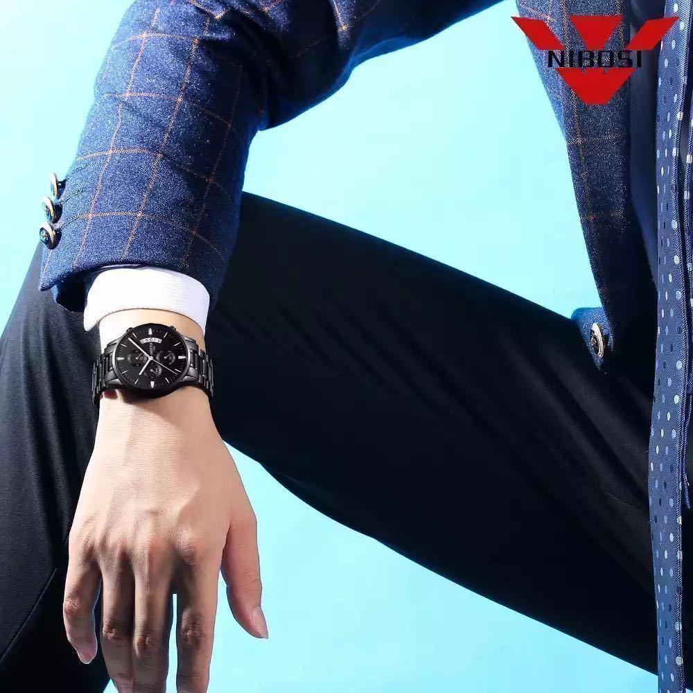 海外人気ブランド NIBOSI ローズ×ホワイト メンズ 高品質腕時計 クロノグラフ 防水 ステンレスバンド_画像6