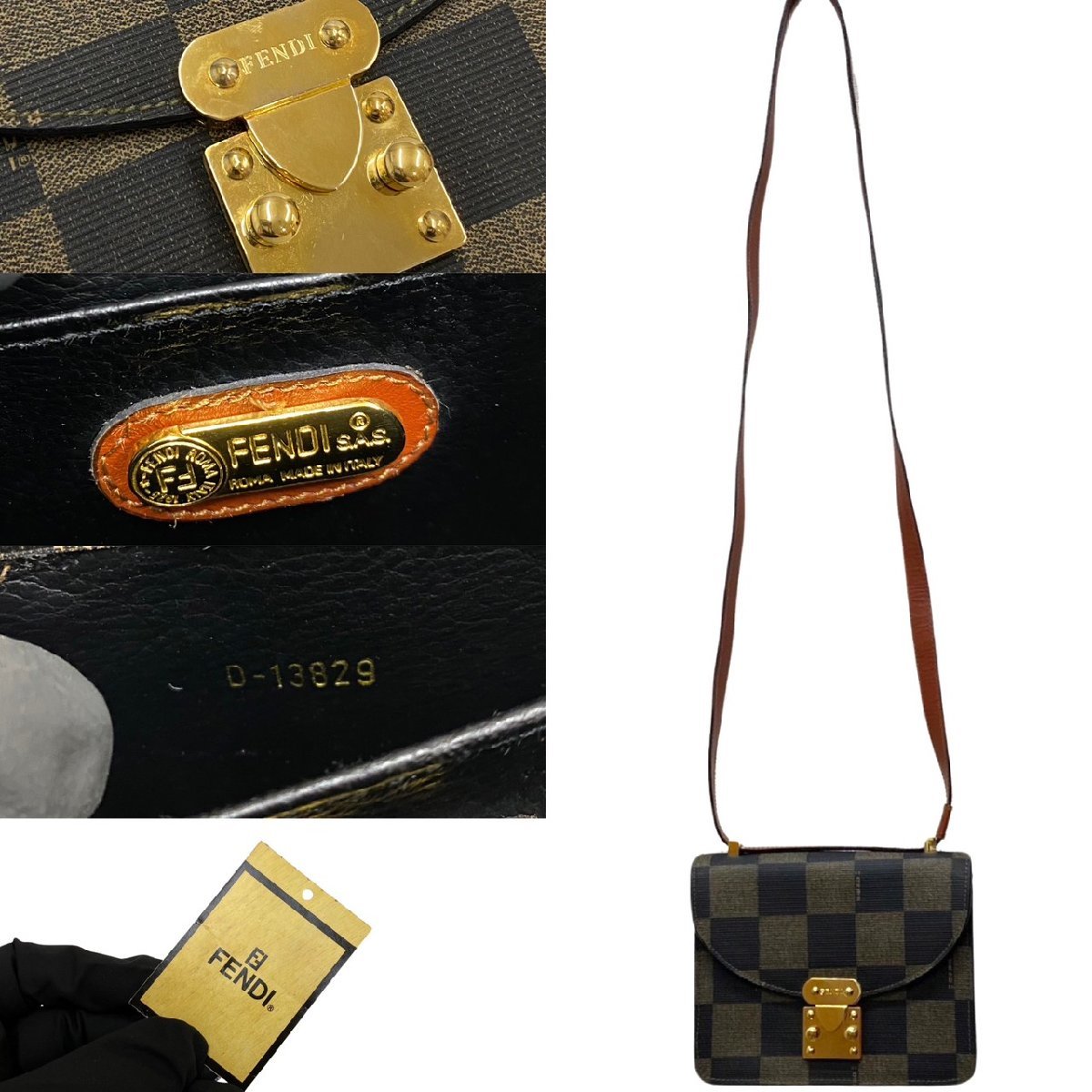 ほぼ未使用 FENDI フェンディ ペカン 柄 ロゴ 金具 レザー 2way セミ ショルダーバッグ ポシェット サコッシュ カーキ ブラック 89749_画像4