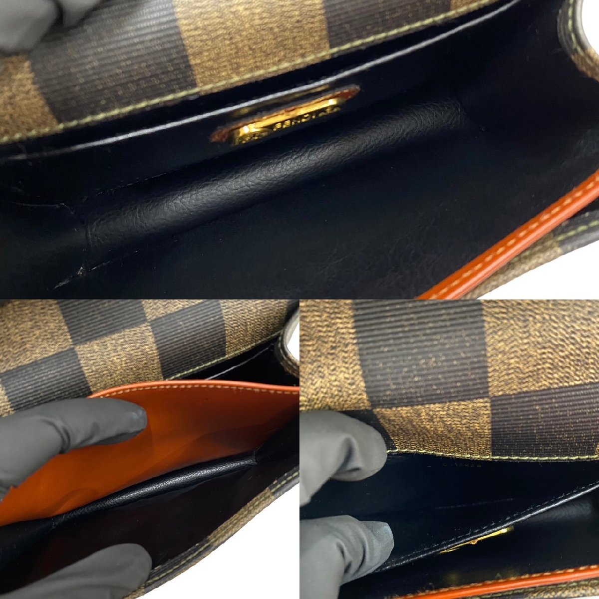 ほぼ未使用 FENDI フェンディ ペカン 柄 ロゴ 金具 レザー 2way セミ ショルダーバッグ ポシェット サコッシュ カーキ ブラック 89749_画像10