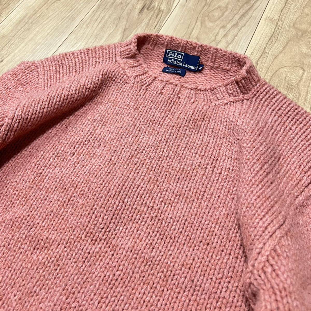 【手編み】レアカラー POLO by Ralph Lauren ポロバイラルフローレン HAND KNIT 長袖 ニット セーター ピンク メンズ サイズM 厚手 R-5083_画像2