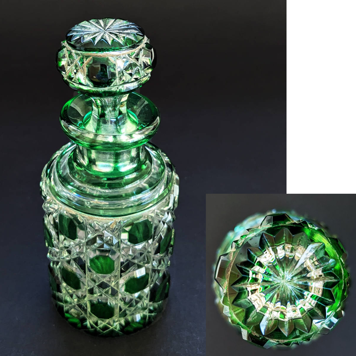 ◆オールドバカラ BACCARAT刻印 ディアマン ピエーリー 香水瓶 緑色 ダイヤモンド フランス アンティーク 素晴らしい輝き AA_画像3