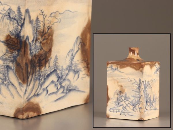 古美術 朝鮮古陶磁器 李朝 染付 角瓶 花瓶 時代物 極上品 初だし品 C2037