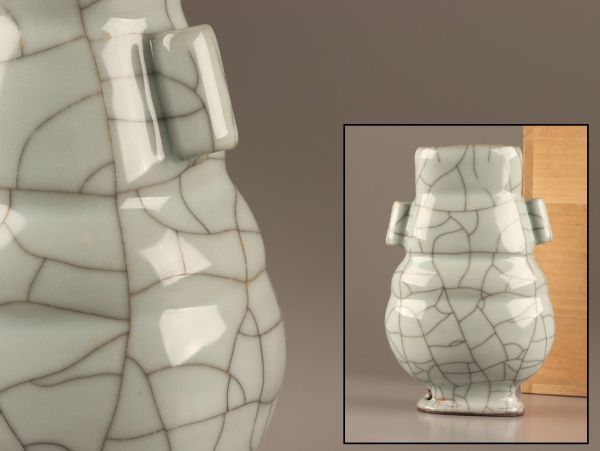 日本最大の中国古玩唐物C2099 初だし品極上品時代物花瓶双耳氷裂青磁