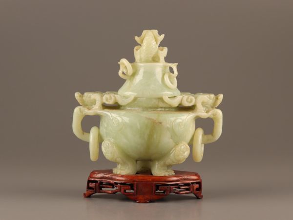 中国古玩 唐物 緑砡石 翡翠 置物 遊環 香炉 時代物 極上品 初
