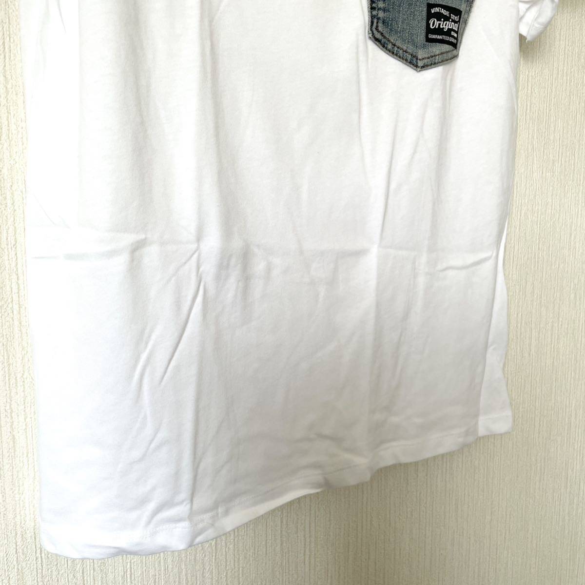 【リメイク】デニムポケ付きTシャツ ハンドメイド メンズ ポケットTシャツ 半袖 クルーネック 匿名配送 白 ホワイト M_画像5