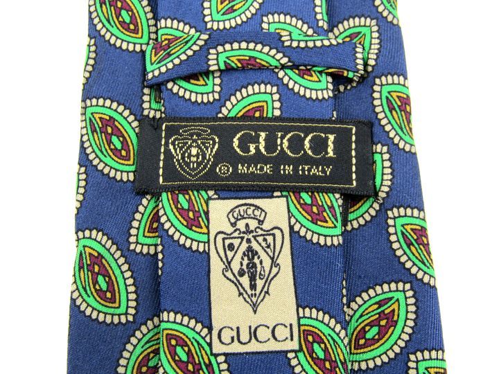 グッチ ブランドネクタイ チェック柄 小紋柄 クレスト紋章 シルク イタリア製 メンズ ネイビー GUCCI_画像3