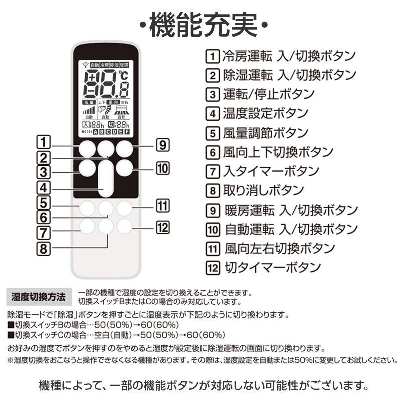 ダイキン 富士通  日立 東芝 シャープ  パナソニック 三菱 エアコン用 リモコン 日本語表示 設定不要 互換 0.5度調節可 