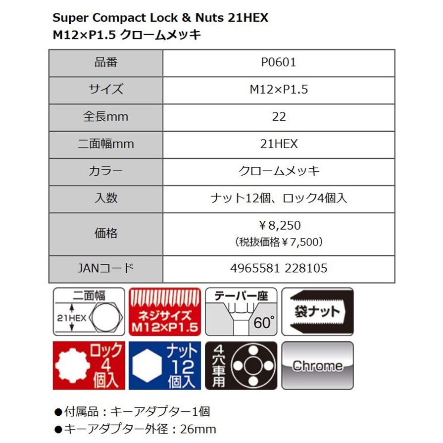 スーパーコンパクト・ロックナット M12xP1.5 ブルロック クローム 16個セット KYO-EI(協永産業) P0601 MADE IN JAPAN トヨタ ダイハツ 三菱_画像2