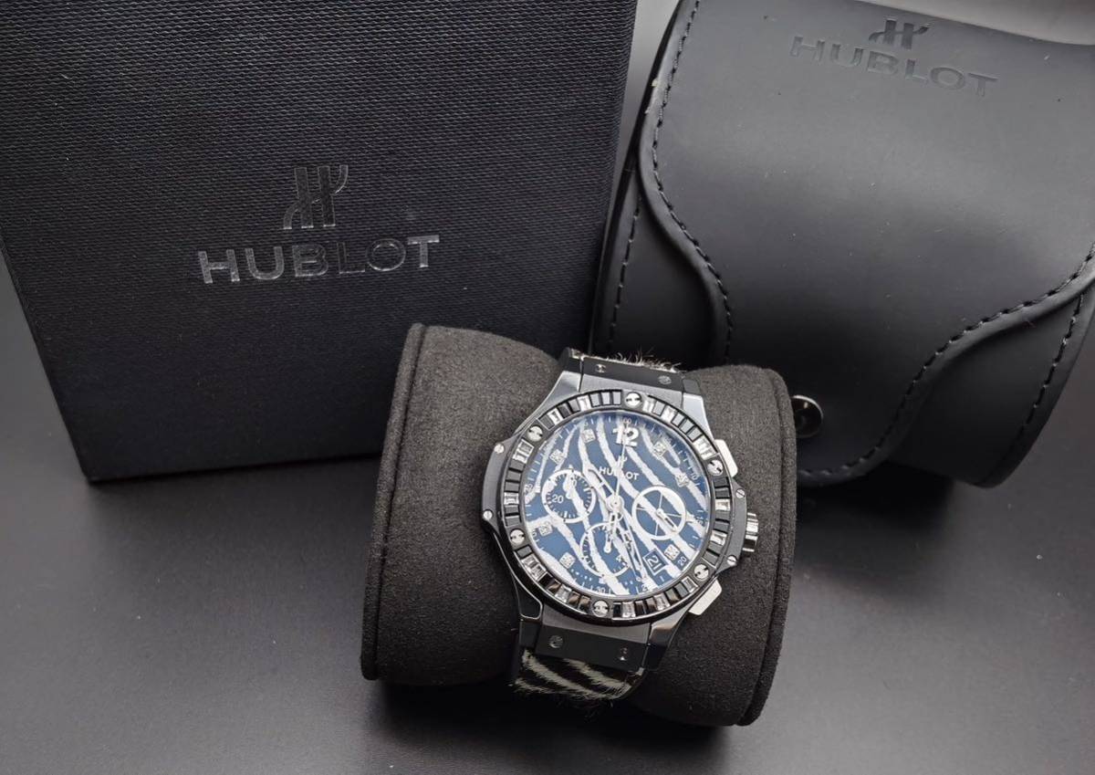 中古美品 箱あり ウブロ HUBLOT ビッグバン ゼブラブラック ベゼルバケットダイヤ 世界限定250 341.CV.7517.VR.1975 クロノグラフ メンズ