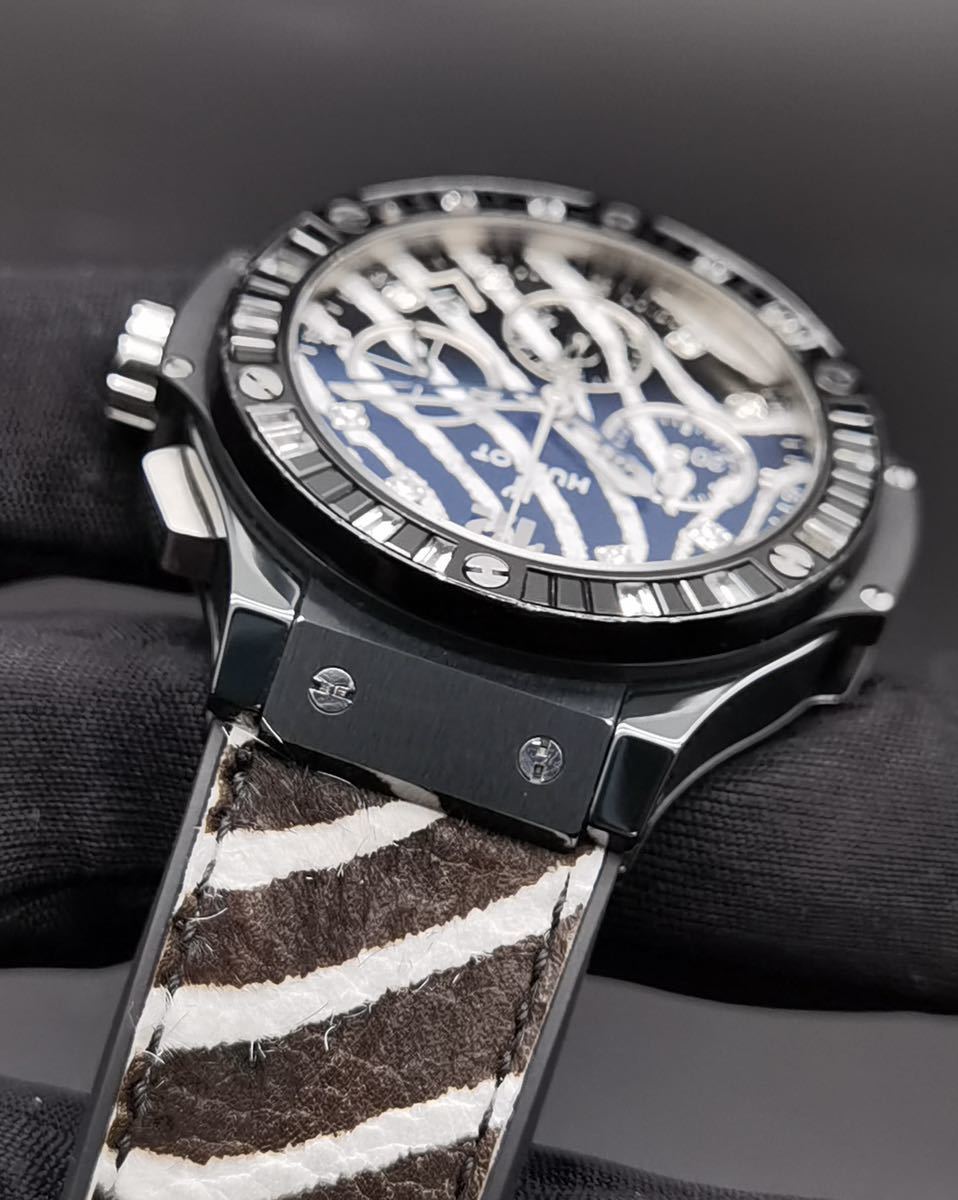 中古美品 箱あり ウブロ HUBLOT ビッグバン ゼブラブラック ベゼルバケットダイヤ 世界限定250 341.CV.7517.VR.1975 クロノグラフ メンズ