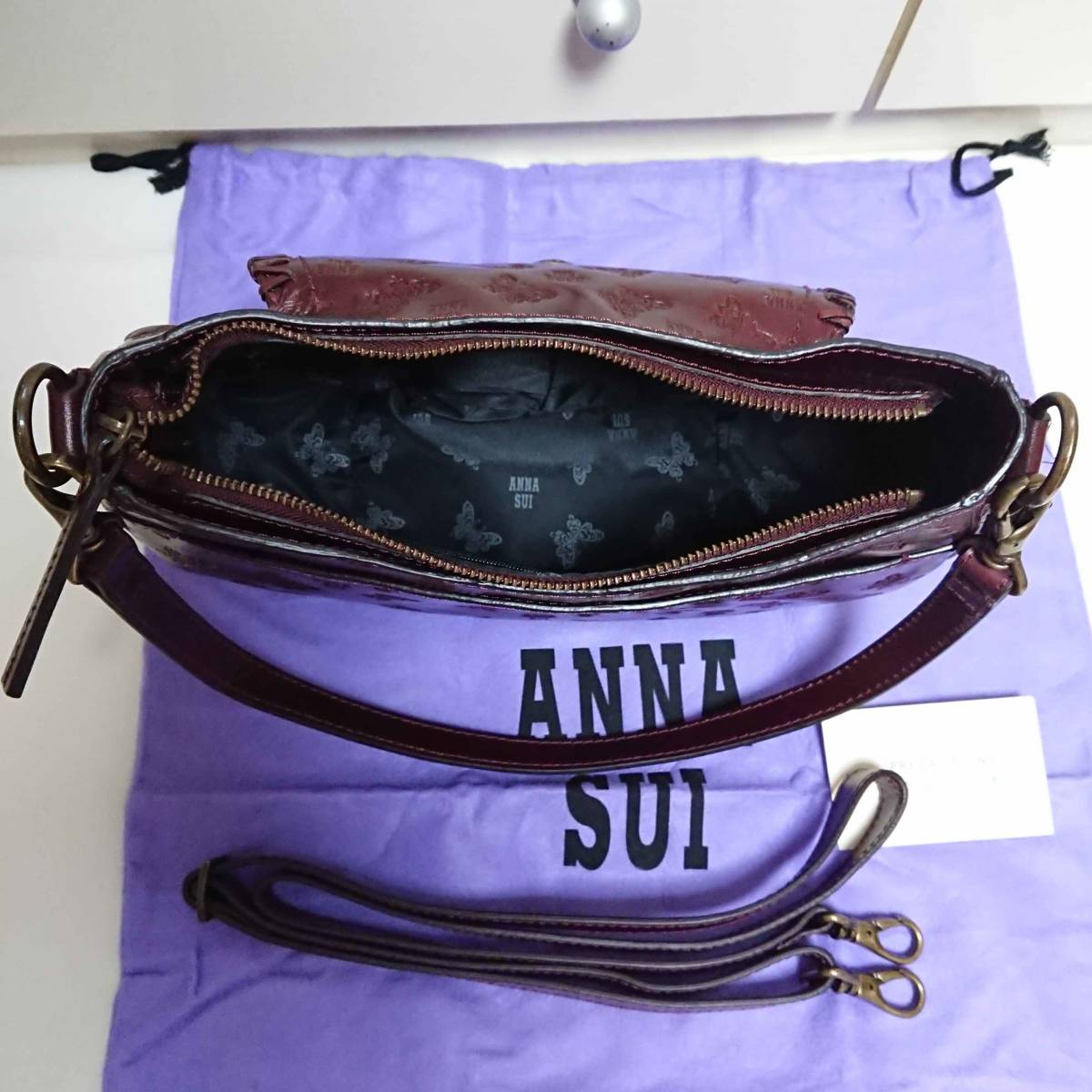 ANNA SUI アナスイ アンジェリーナ レザー2wayショルダーバッグ 牛革 パープル 蝶 バタフライ 斜めがけ 新品未使用_画像10