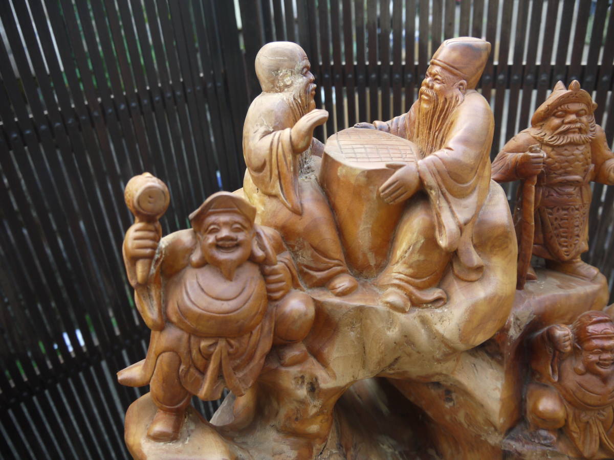 [TS31006] one sword carving Seven Deities of Good Luck tree carving .. thing ornament Seven Deities of Good Luck objet d'art sculpture quotient ... Buddhism fine art .. thing 