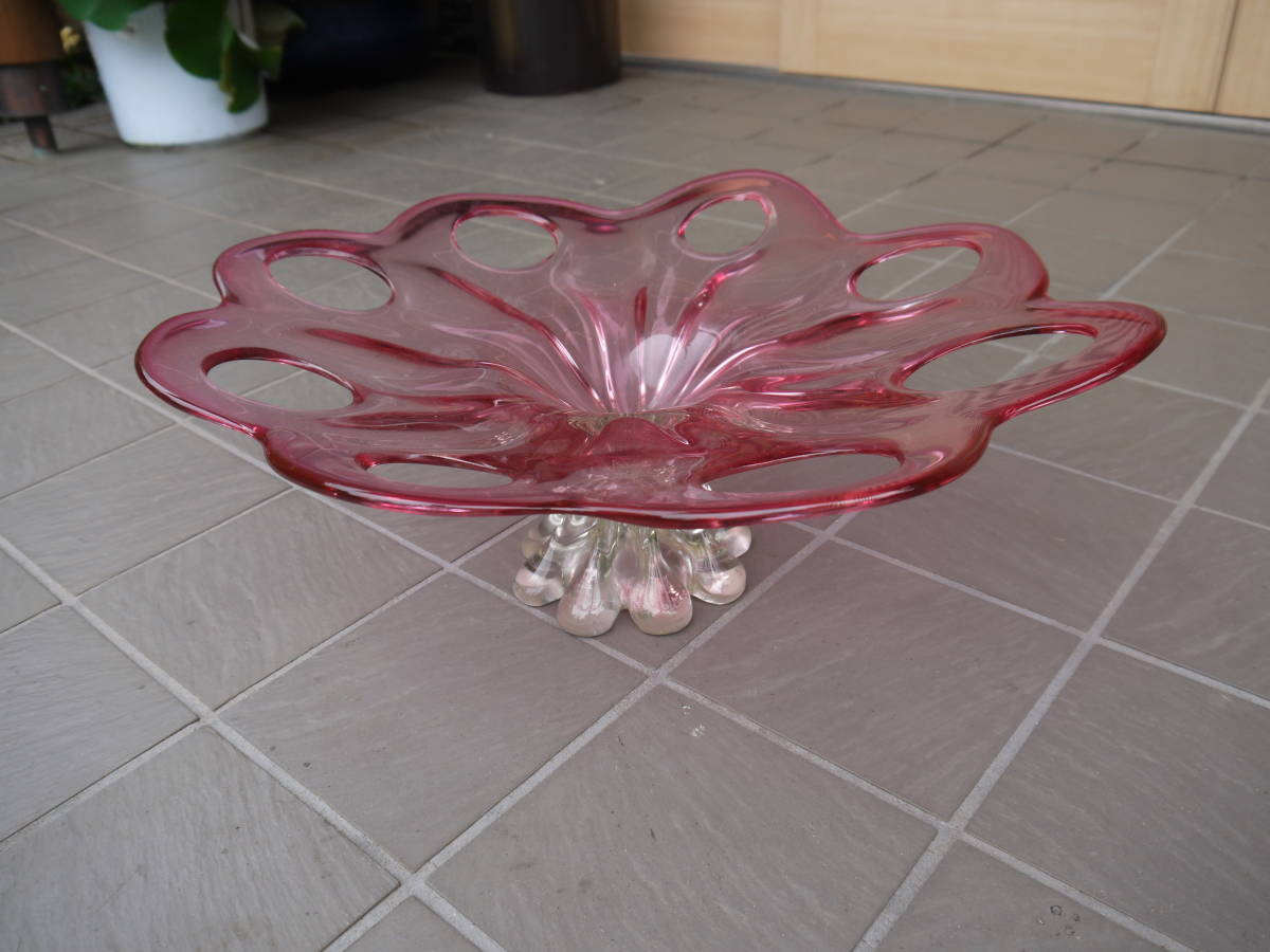 【A10703】工芸ガラス 水盤 花器 フラワーベース ピンク 昭和レトロ　アンティーク_画像1