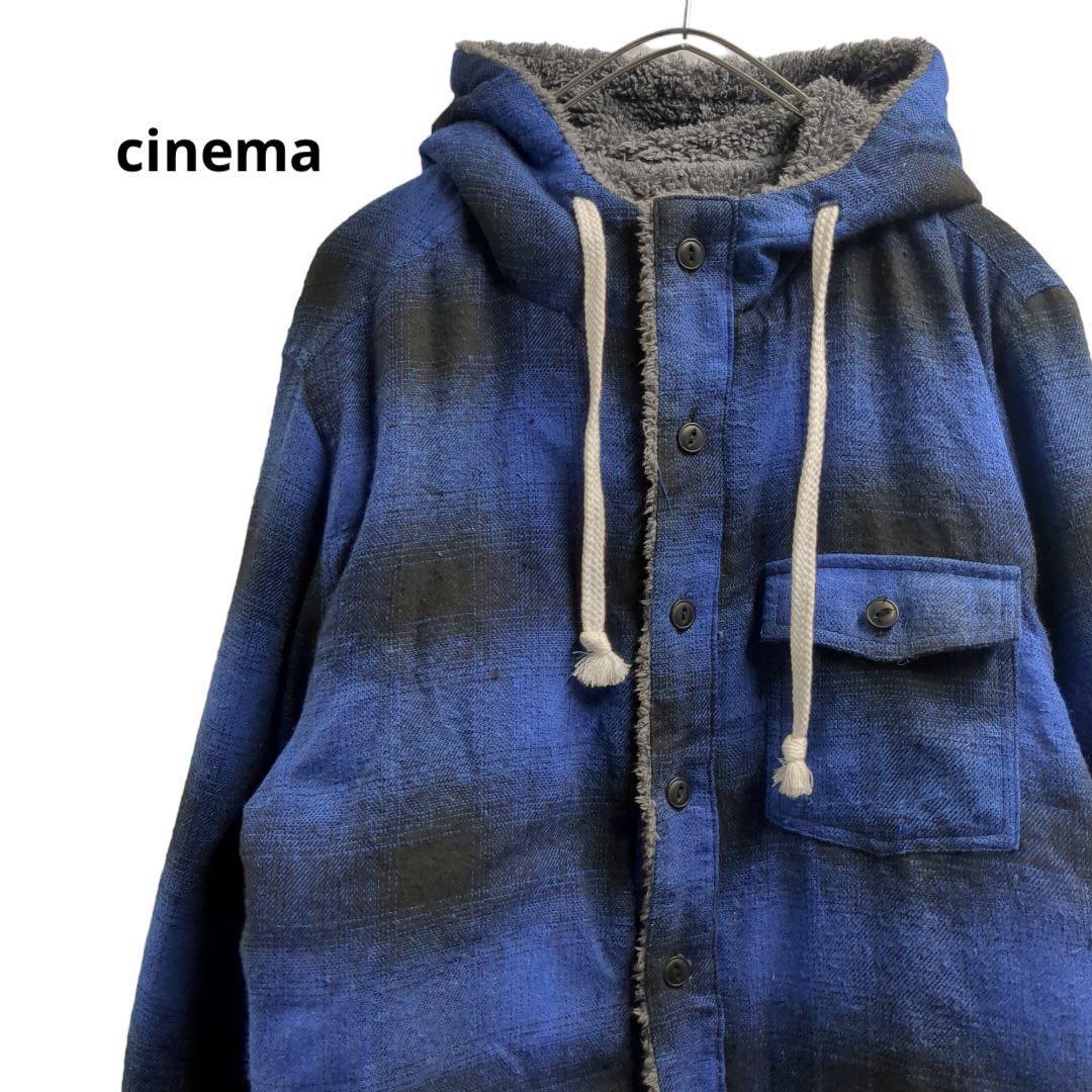 cinemaフード付きチェック柄シャツ厚手長袖青秋冬メンズXL a25