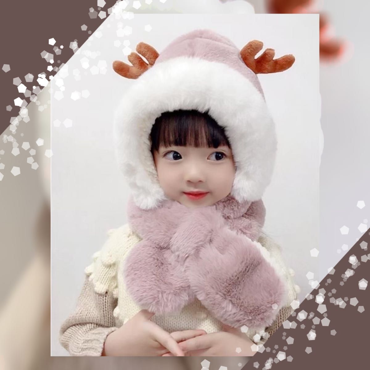 フード付きマフラー 子供用 冬用 防寒着 フリース ネックウォーマー ボア 帽子 インスタ映え トナカイ クリスマス　マフラー