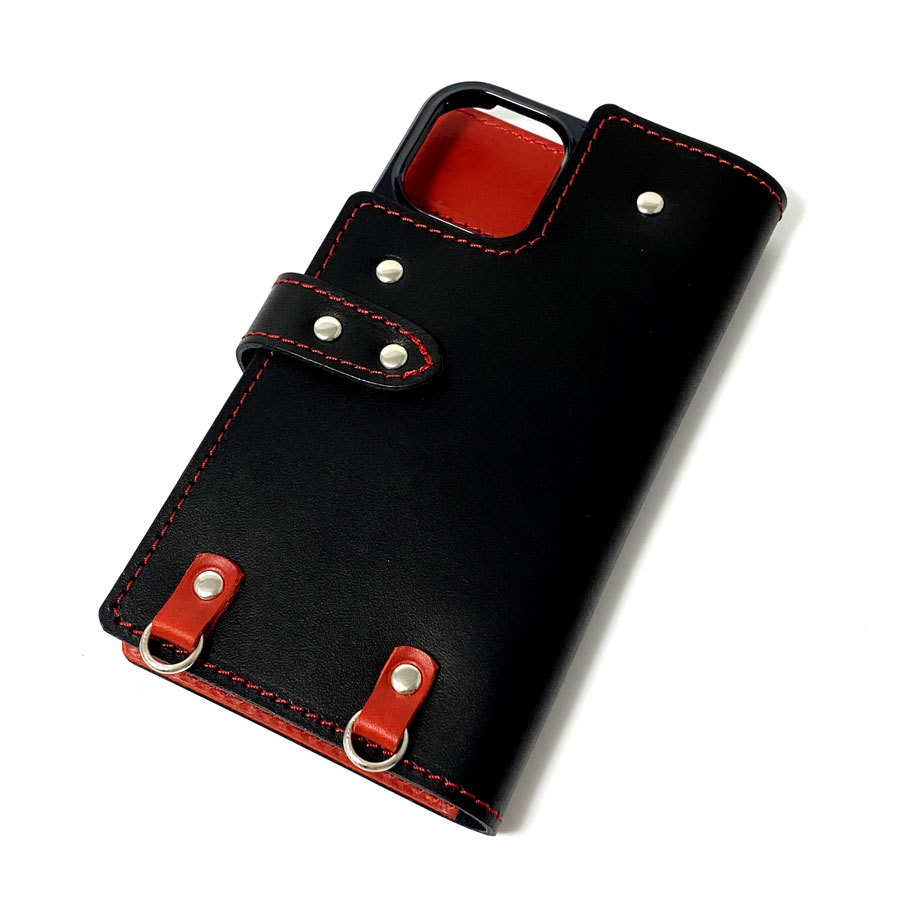 手帳型ケース iPhone 13 用 ハードカバー レザー スマホ スマホケース スマホショルダー 携帯 革 本革 ブラック レッド_画像3