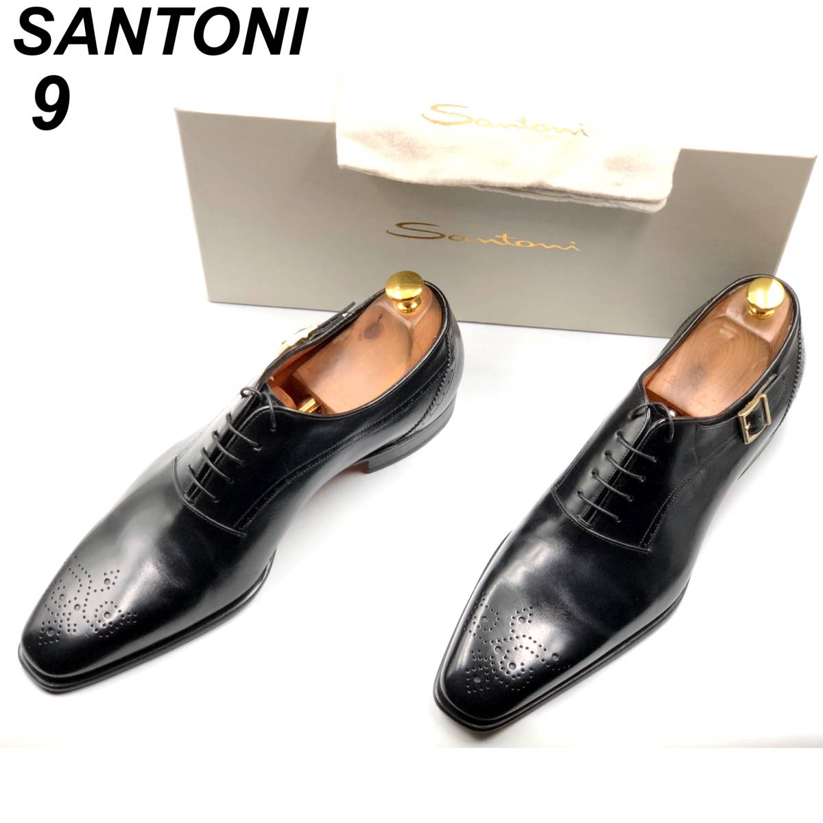 即決 未使用 SANTONI サントーニ 27cm 9 16279 メンズ レザーシューズ プレーントゥ 黒 ブラック 箱 保存袋付 革靴 皮靴 ビジネスシューズ