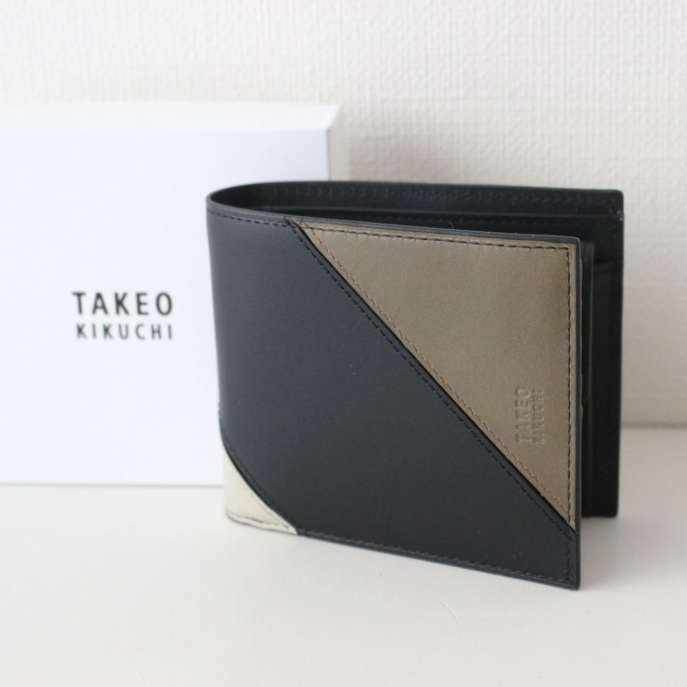 新品タケオキクチ TAKEO KIKUCHI 牛革 アンティーク調レザー ブロッキング 切替 2つ折り財布 メンズ レザーウォレット