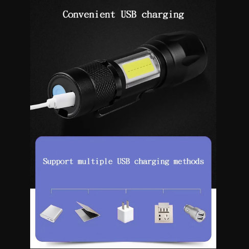 ★ USB充電式 ミニ LEDライト 懐中電灯 ★ ３段式ライト（ストロングライト・点灯ライト・COBサイドライト）充電ケーブル付き （約9cm）_画像7