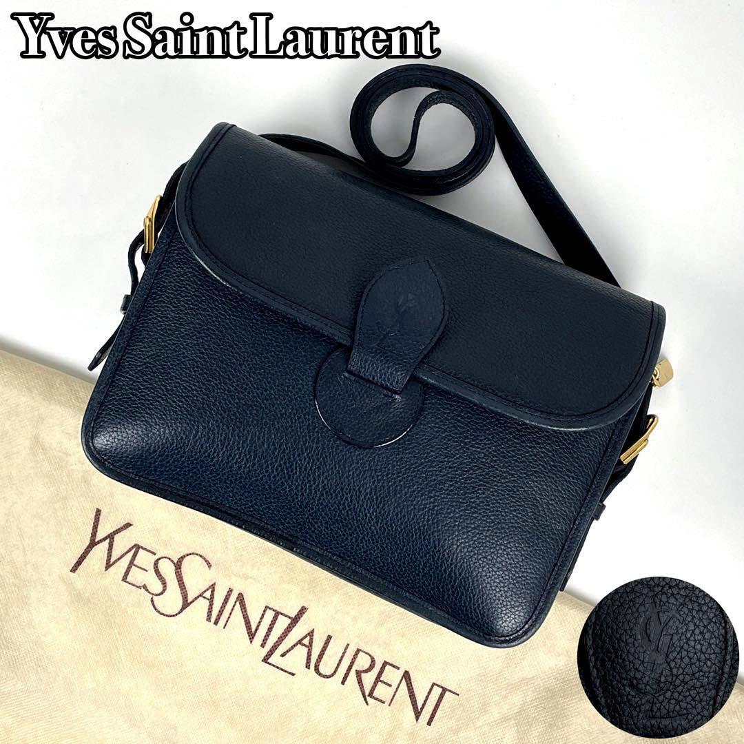 美品●Yves Saint Laurent イヴサンローラン ショルダーバッグ YSL カサンドラ ロゴ 斜め掛け ゴールド金具 シボ革 レザー 紺色 ネイビー_画像1