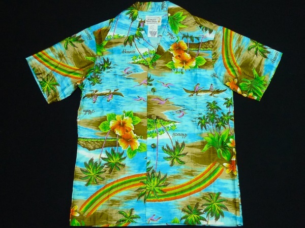 未使用[HawaiiResortShopsハワイリゾートショップス]半袖サテンプリントハワイアンシャツXS(S)水色ランドスケープ柄ハワイ製
