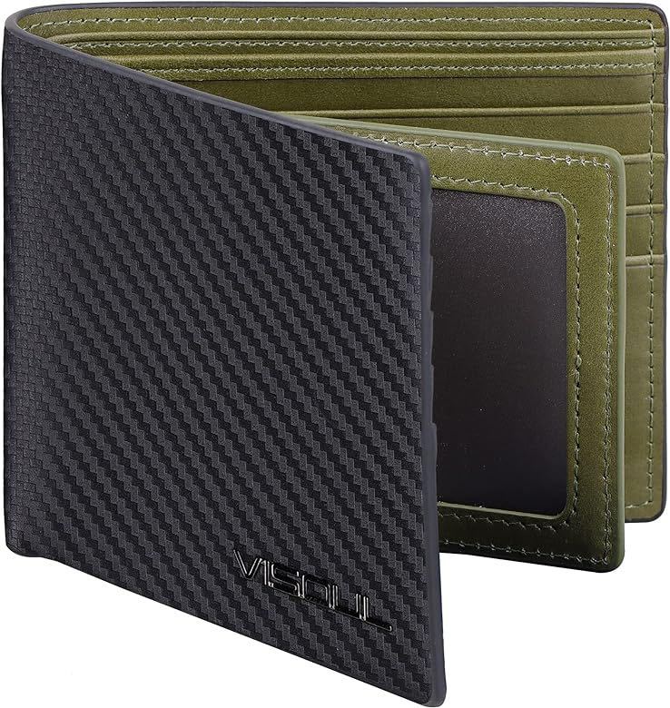二つ折り 財布 メンズ 本革 財布 カーボンレザー 免許証入れ 超薄型 大容量 高級 イタリアレザー カーボンレザー 色:ブラック．グリーン