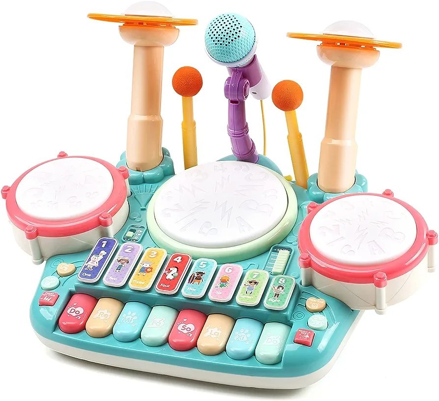 楽器 おもちゃ 5in1遊び方 ドラムセット ピアノ 子供おもちゃ マイク付き 4種類 ピアノモード ドラムモード 鍵盤楽器 ライト効果 多機能