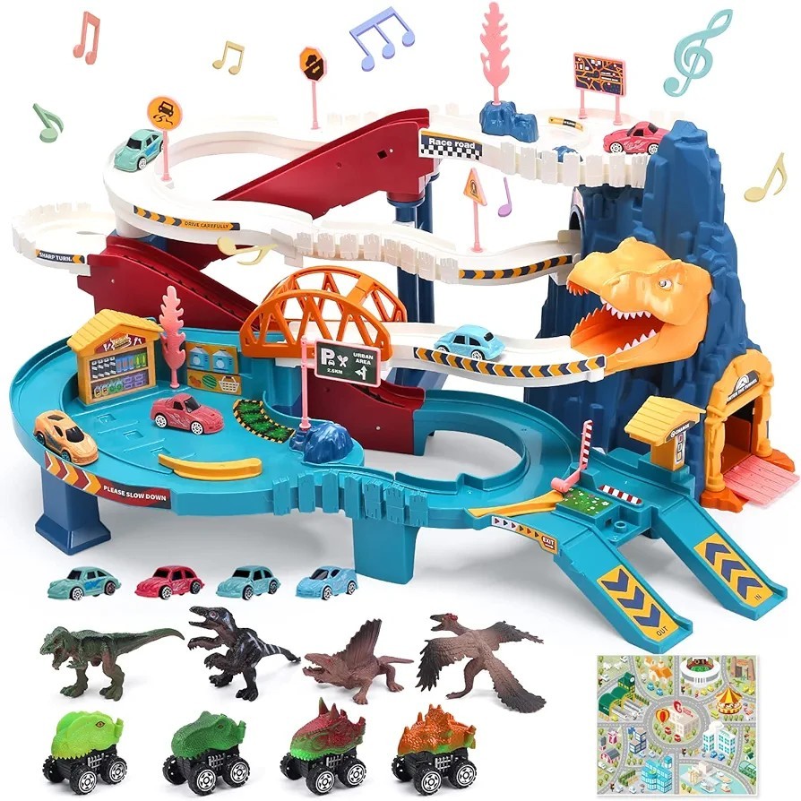 恐竜おもちゃ レール 41点レールセット 大冒険 電動 組み立て 恐竜フィギュア 恐竜車 車両つき 大型マップ付き 鉄道玩具 誕生日プレゼント