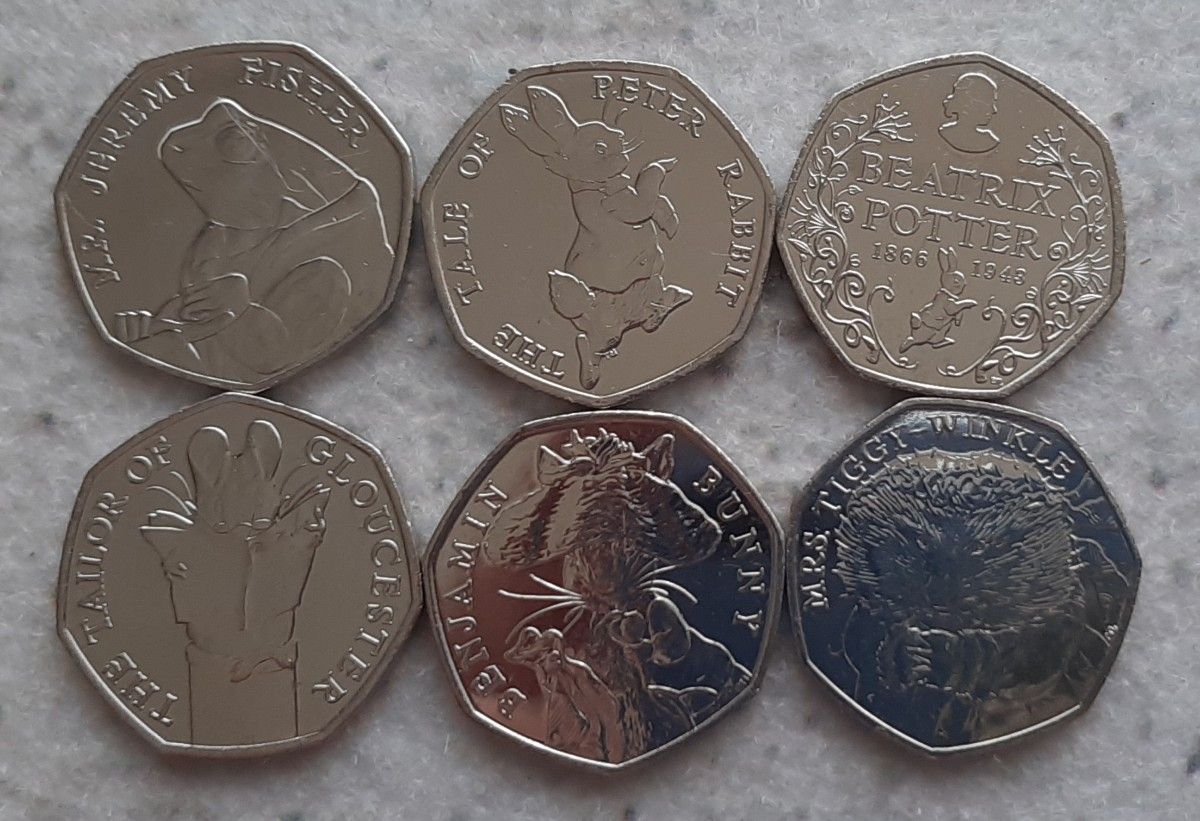 6種類セット 本物 イギリスのコイン ビアトリクス・ポター ピーターラビット 英国 50ペンス Peter Rabbit
