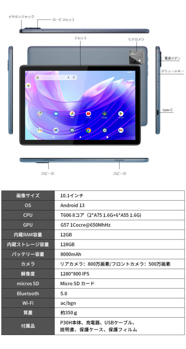 PRITOM タブレット10インチ Android13 12+128GB 保護フィルム カバー付き ポイント 1280*800 8.0+5.0MP 8000mAh SDカード SIMカード 5G_画像3