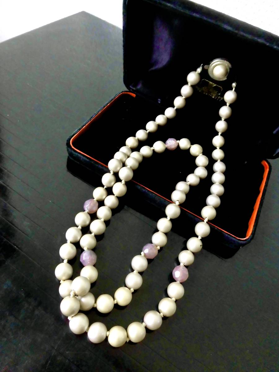 ●MARGHERI.A/高貴なパープル真珠&紫ストーン/ロングネックレス/14mm玉 長さ102cm/シルバー留め具_画像1