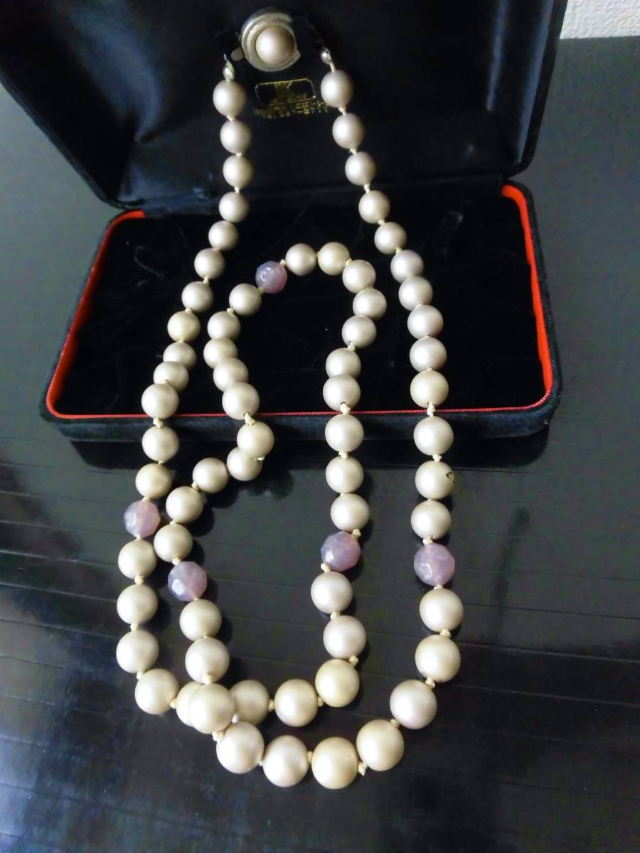 ●MARGHERI.A/高貴なパープル真珠&紫ストーン/ロングネックレス/14mm玉 長さ102cm/シルバー留め具_画像2