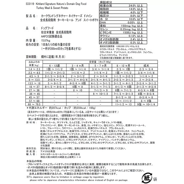 【新品・未開封】カークランドシグネチャー ドッグフード 成犬・子犬用 ターキー ポテト 15.87kg コストコ 犬 Kirkland　③_画像3