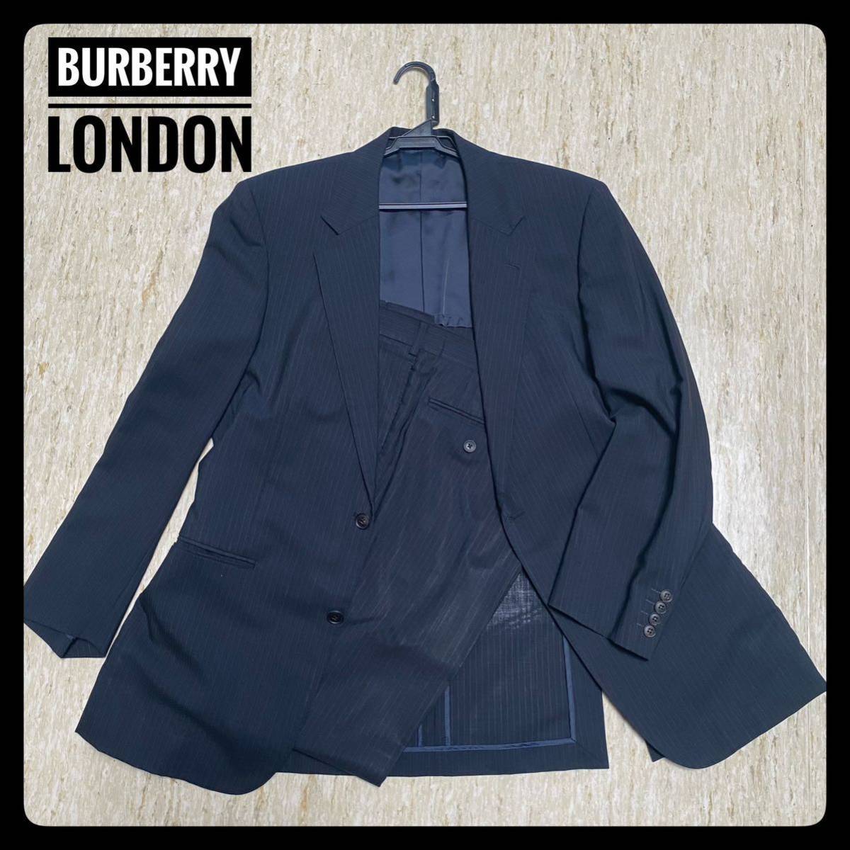 【BURBERRY LONDON】 バーバリー セットアップ スーツ上下 シングル 濃いネイビー AB7 ストライプ カッコイイです！！