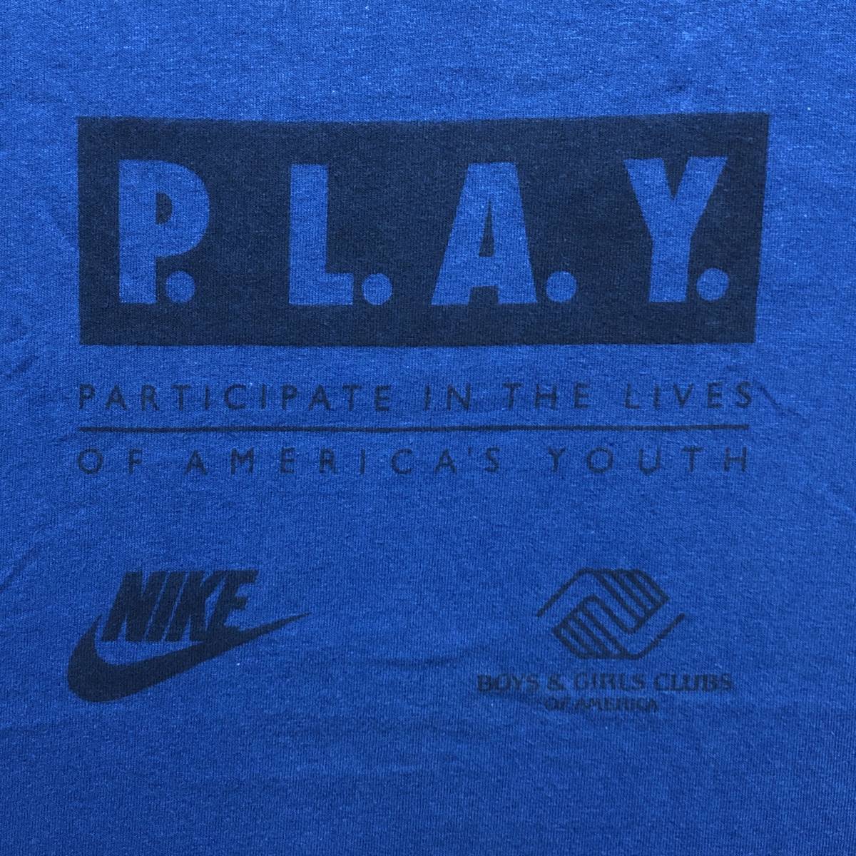 USA製 90年代 NIKE ナイキ PLAY(Participate in the Lives of America's Youth) Tシャツ 青 S 美品 管理B577