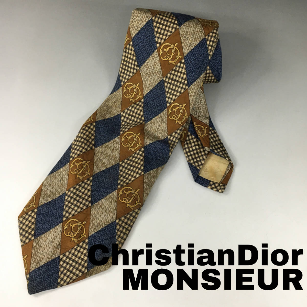 BNC14/41　Christian Dior MONSIEUR シルク100％ ネクタイ 総柄 CDロゴ ベージュ系 クリスチャンディオール ■_画像1
