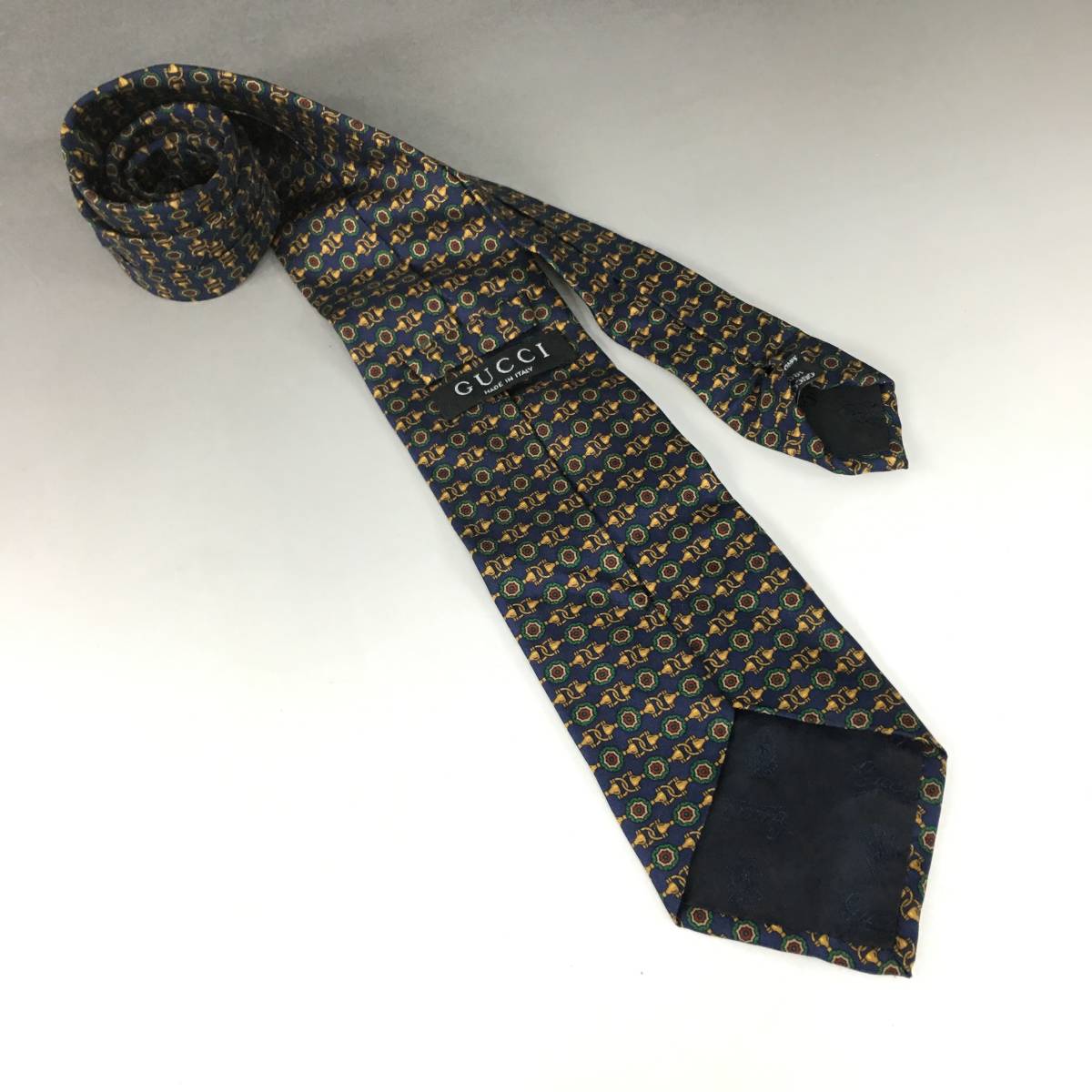 BNC14/37　GUCCI 総柄 ネクタイ GGロゴ シルク100％ イタリア製 ネイビー系 GUCCOカラーリング グッチ ■_画像2