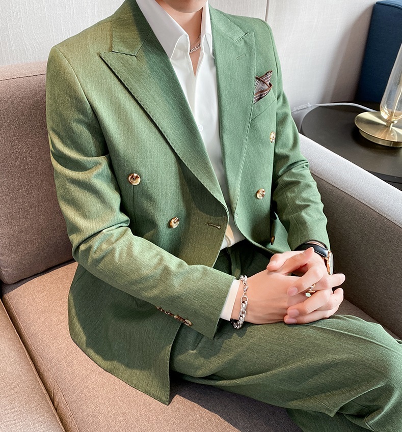 新品 スーツセット ビジネススーツ メンズ ダブルスーツ 上下セット シングルスーツ 高級無地 スリム 二つボタン 紳士結婚式 緑 M~3XL
