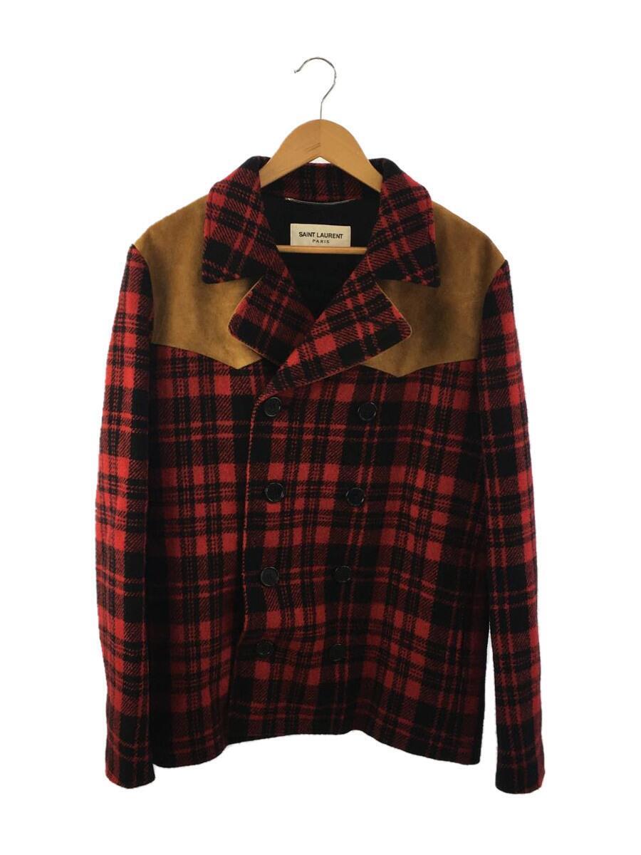 おまけ付】 SAINT LAURENT◇ピーコート/48/ウール/RED/チェック/361928