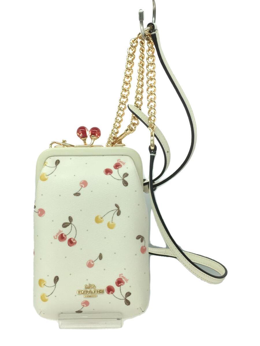 COACH◇ショルダーバッグ/レザー/WHT/総柄/チェリー/がま口/チェーン