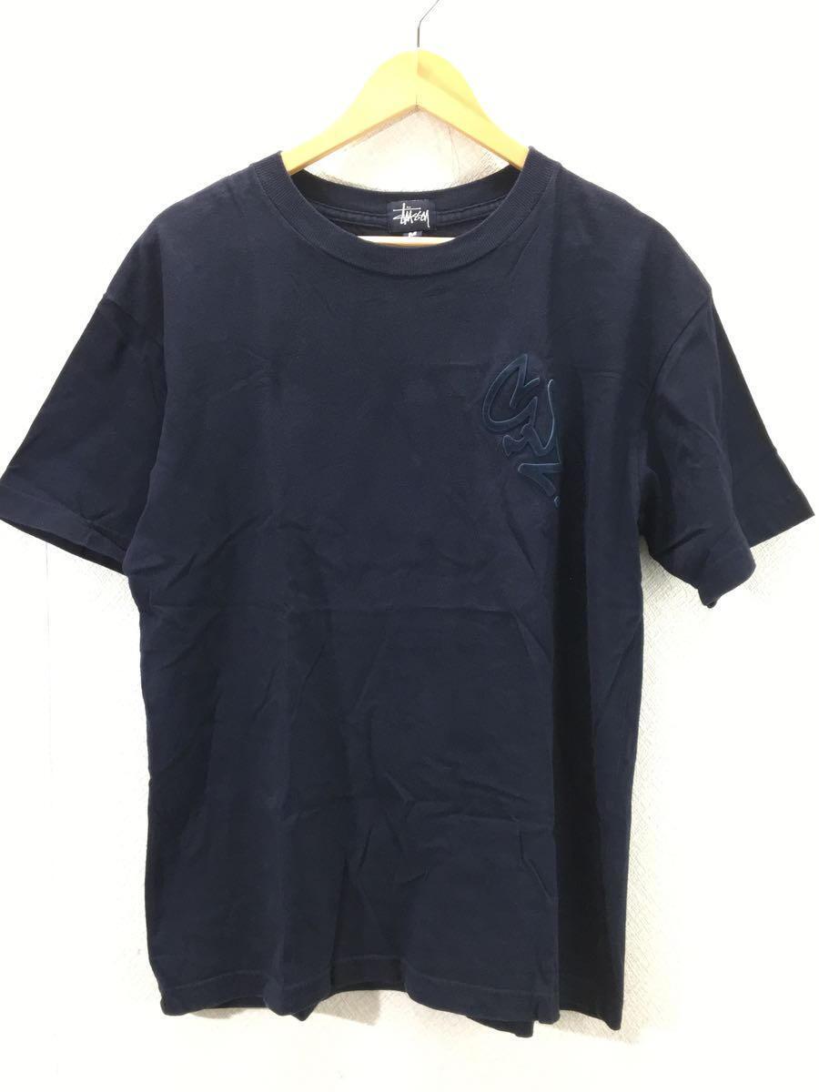 STUSSY◆90s/USA製/紺タグ/Tシャツ/ワンポイント/フロッキー/M/コットン/NVY/無地