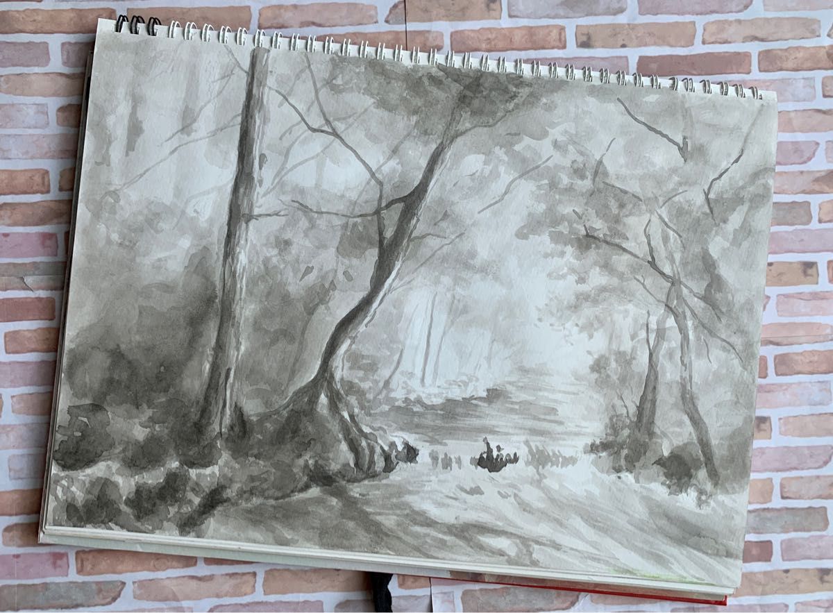 水彩画 木々と川のせせらぎ 原画 水墨画 風景画 モノトーン 水彩画 木々と川のせせらぎ 原画 水墨画 風景画 モノトーン
