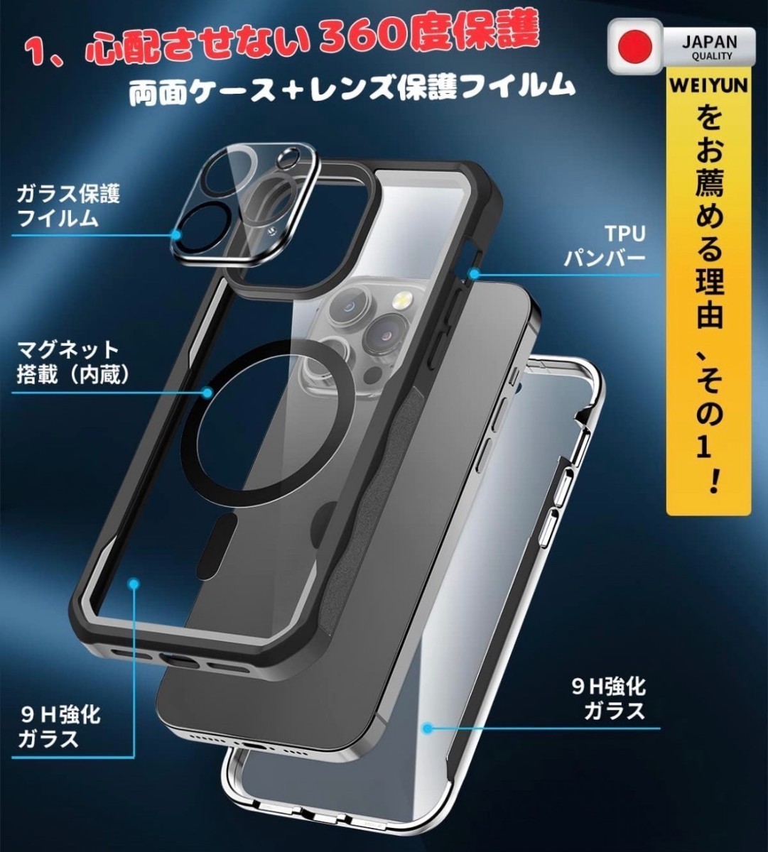 y102406m WEIYUN iPhone 14 Pro Max 用 ケース 透明強化ガラス　柔軟TPUフレーム+磁石内蔵　MagSafe対応　マグネット搭載 