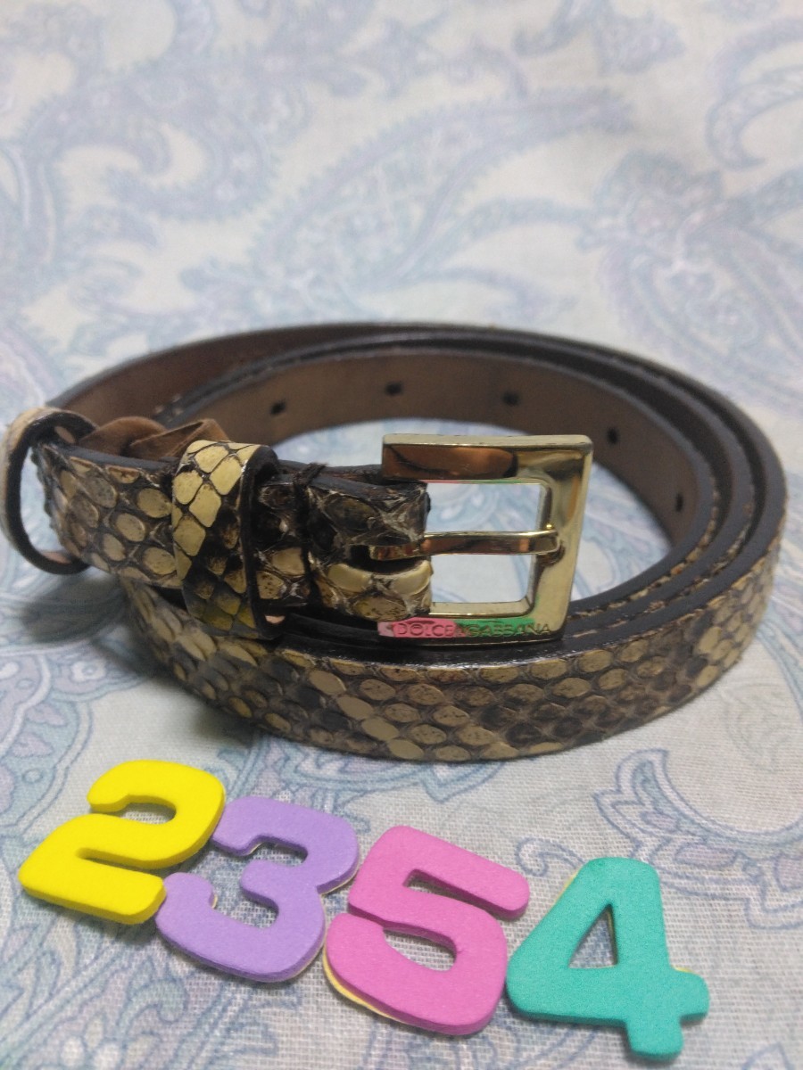 2354ドルチェ&ガッバーナの金色スクエアバックルの蛇柄レザーナローベルトイタリア ミラノジャパン