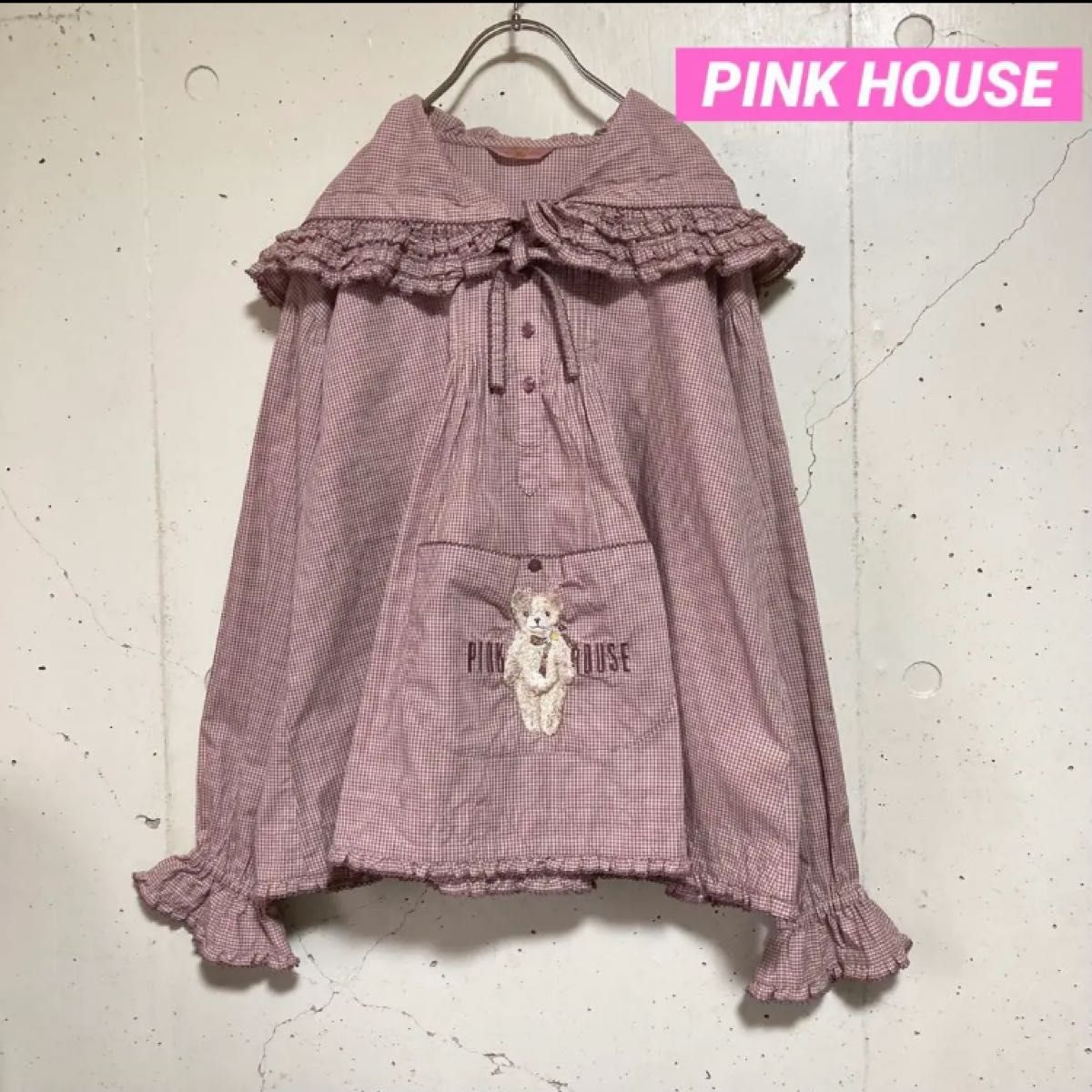 PINKHOUSE ピンクハウス★雛菊テディー★ピコフリルブラウス★刺繍★ギンガムチェック★フード★フリルブラウス★テディーベア