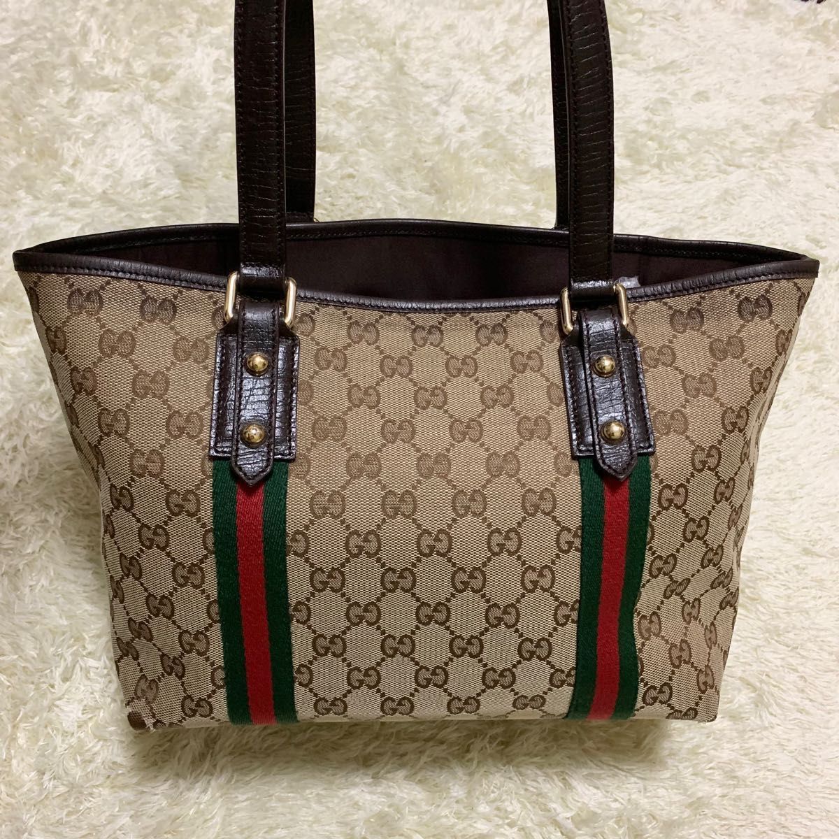 A4可 GUCCI キャンバス トートバッグ GG柄 シェリーライン ブラウン-