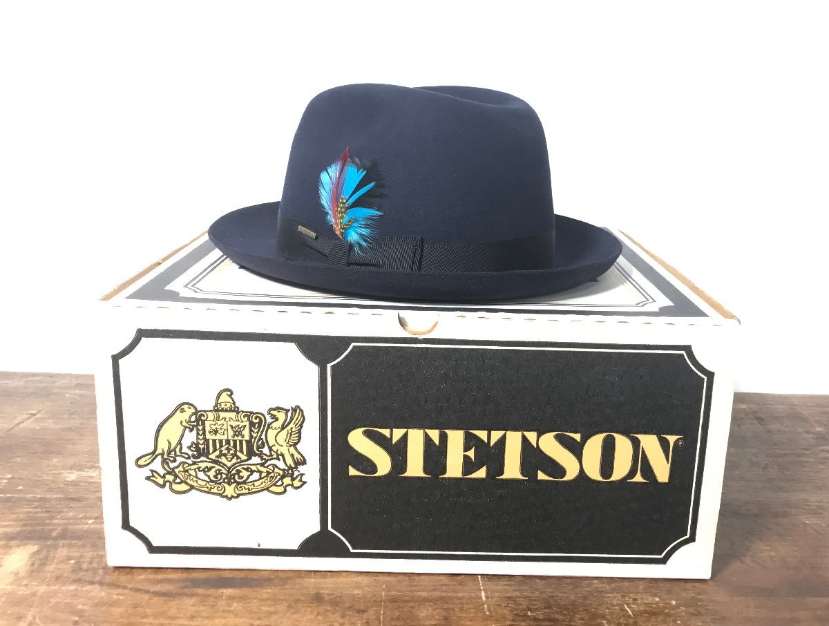 箱付き STETSON ステットソン 羽根付き中折れ帽子 フエルトハット ネイビー×ブラック メンズ 帽子 ハット