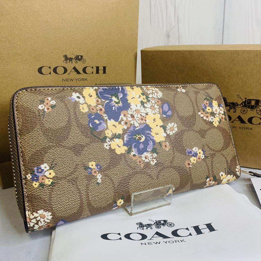 【新品】 COACH コーチ 長財布 花柄 ワイルドフラワー シグネチャー パープル