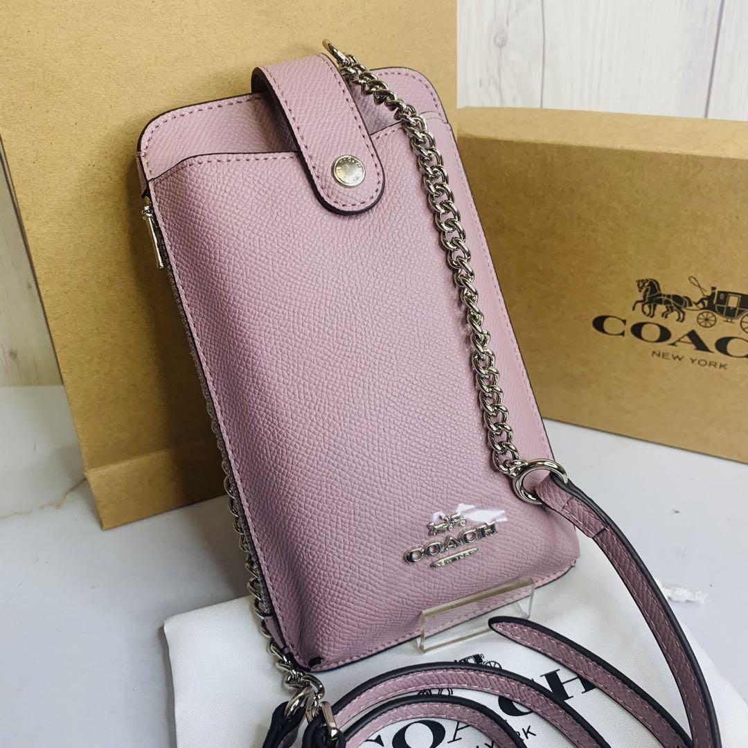 新品】 COACH コーチ スマホショルダー レザー ピンク 斜め掛け-